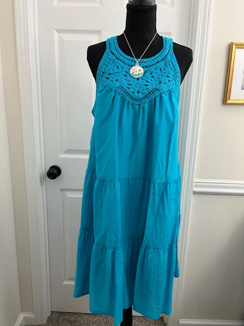 Sleeveless Turquoise Crochet Yoke Midi Dress - Women